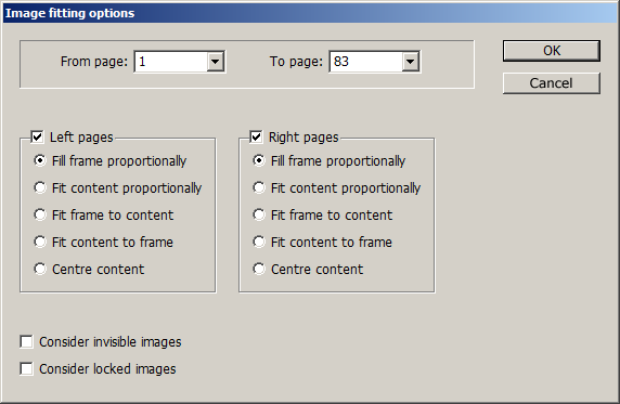 Dialog box for the InDesign script: Image fitting options