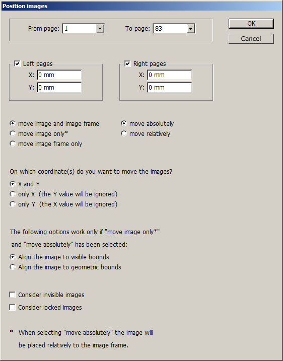 Dialog box for the InDesign script: Position images