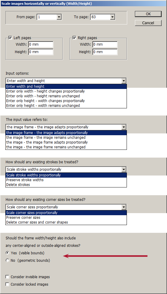 Dialog box for the InDesign script: Scale images horizontally or vertically (width/height)