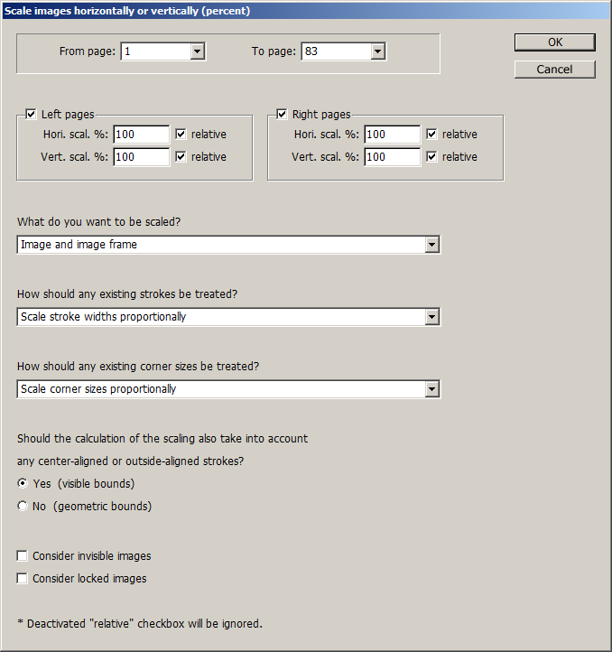 Dialog box for the InDesign script: Scale images horizontally and/or vertically (percent)