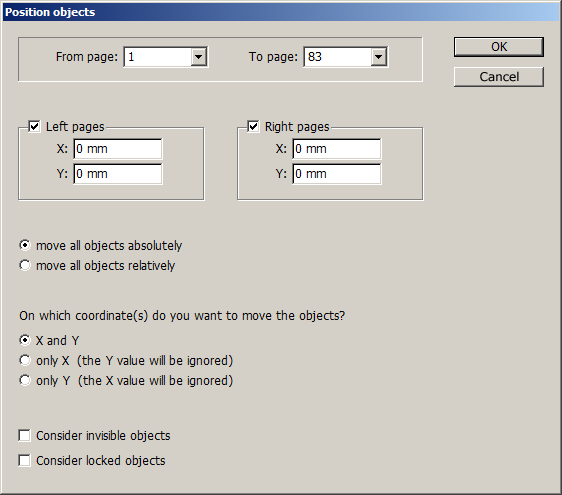 Dialog box for the InDesign script: Position objects